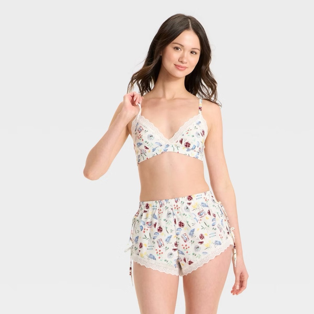 Colsie Women's Woven Bralette & Short Undergarment Set white Fruit Print